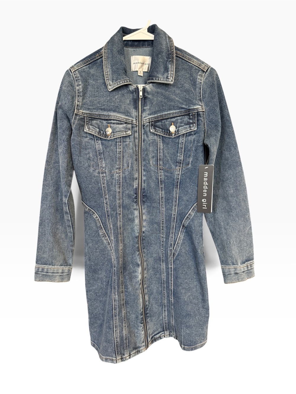 NWT Madden Girl Long Sleeve Denim Dress Full Zipper Mini - Small